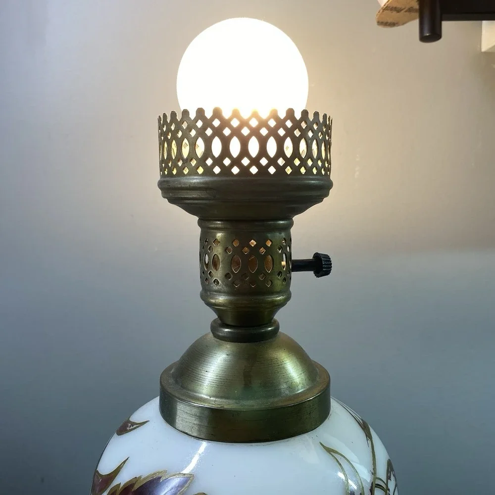 Vintage White Milk Glass&brass Desk Lamp-Hand Painted‎ Floral Marble Base 17